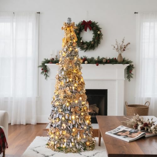 VINGLI 7ft Pre Lit Pop Up Christmas Tree w/ 170 Lights, Fully Decorated Flocked Pencil Christmas Tree, Collapsible Xmas Tree for Holiday Party Decorations, Gold