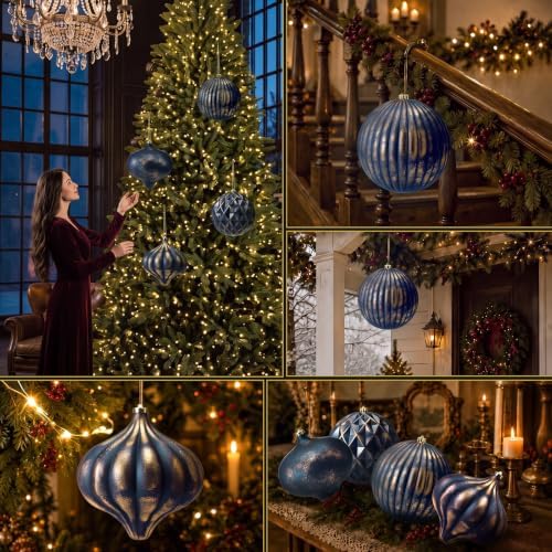 Seenelling 4Pcs Big 8'' Christmas Ball Ornaments Xmas Tree Decor, Navy Blue