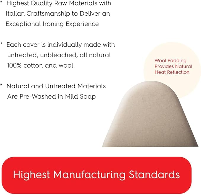 TIVIT Ironing Board Cover 15 x 54 Standard Chemical Free Eco-Friendly Padded Covers - Unbleached, Untreated Natural Cotton & Wool Pad - 2 Layer, 3 Fastener Straps, Pull Bungee Cord - Made in Italy