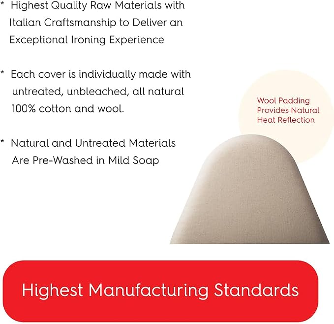 TIVIT Ironing Board Cover 15 x 48 Standard Chemical Free Eco-Friendly Padded Covers - Unbleached, Untreated Natural Cotton & Wool Pad - 2 Layer, 3 Fastener Straps, Pull Bungee Cord - Made in Italy