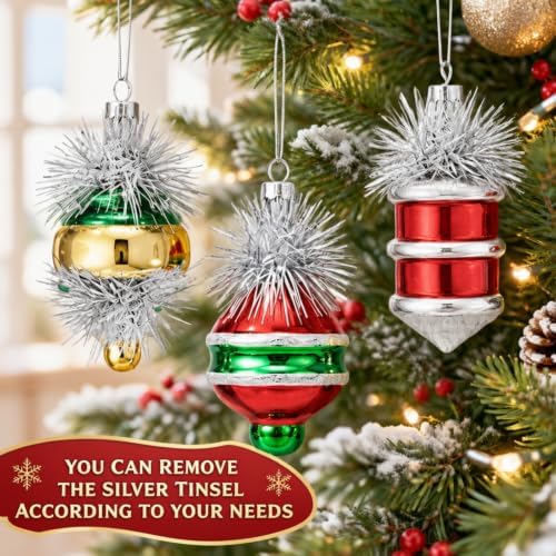 Soulchen 8pcs Retro Glass Christmas Finial Ornament with Reflector for Tree