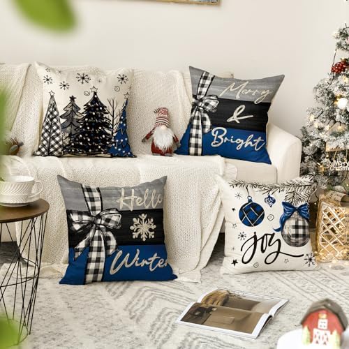 AVOIN colorlife Merry Christmas Joy Xmas Trees Blue and Black Throw Pillow Covers, 18 x 18 Inch Christmas Winter Holiday Cushion Case Decoration for Sofa Couch Set of 4