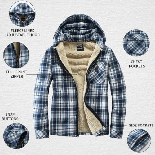 Elesuit Men's Full Zip Fleece Flannel Jacket Shirt Plaid Cotton Hoodie Coat