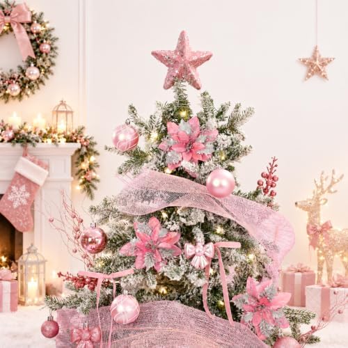 78 Pcs Christmas Tree Decorations Star Topper Ornaments Artificial Poinsettia Flowers Pink Balls Velvet Bow Berry Picks Christmas Tree Hanging Ornaments for Xmas Home Office Decorations
