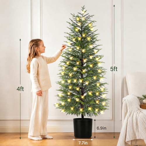 ENVEN 5FT Prelit Norfolk Pine Christmas Tree Real Touch Artificial Cedar Tree with 80LED Lights & 8-Function Plug-in Potted Faux Trees for Front Porch, Entryway, Patio, Christmas Indoor Outdoor Decor