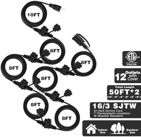 K KASONIC Outdoor Extension Cord 100 FT, Evenly Spaced 12 Outlets, Black