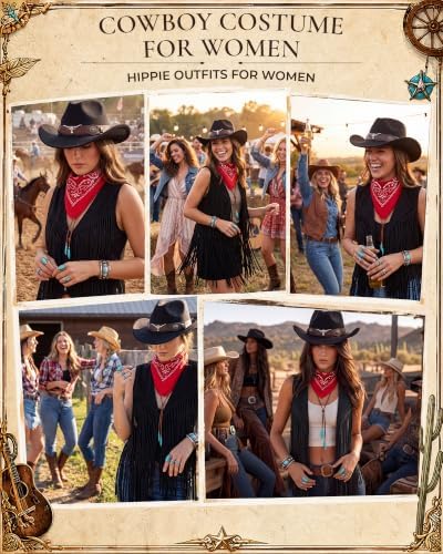 Women Western Cowgirl Outfit 8Pcs Tassel Vest Hat Bandana Jewelry Set