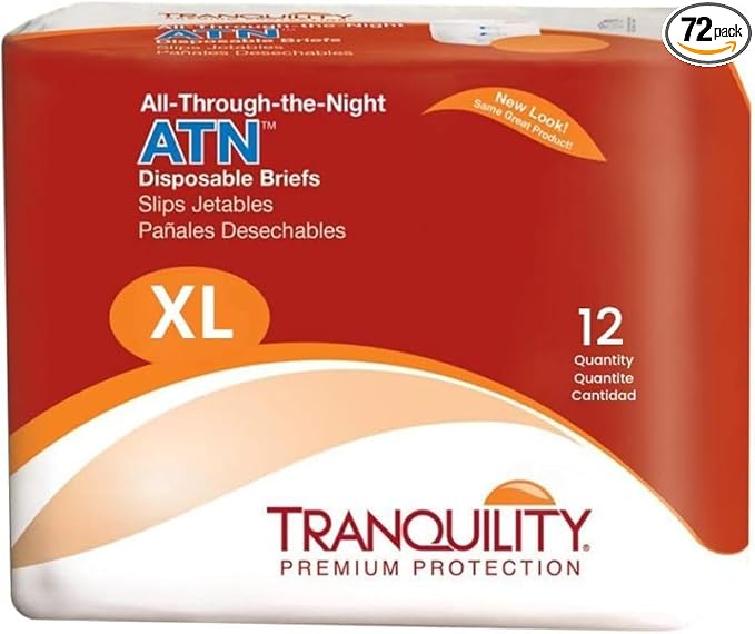 Tranquility Premium ATN Disposable Briefs with Tabs, Overnight Protection Superabsorbent Core for Leak-Free and Full-Fit Comfort, X-Large 72ct Case