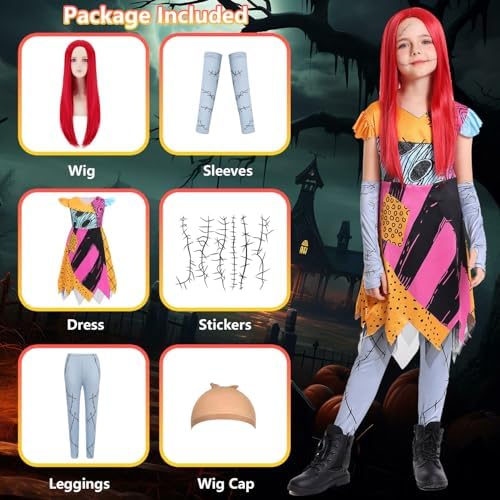 Girls Christmas Nightmare Cosplay Outfit Kids Toddler Doll Princess Halloween Costumes with Red Wig Tattoo Stickers