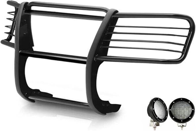 Black Horse Grille Brush Bumper Guard Modular Come with Pair of 5.3" Dia.LED Lights with Black Trim Rings Compatible with 2002-2006 GMC Envoy|2002-2006 GMC Envoy XL-17GD26MA-PLFB