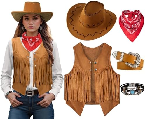 Women Cowgirl Costume Western Vest Hat Belt Set for Cowgirl Cowboy Halloween Cosplay