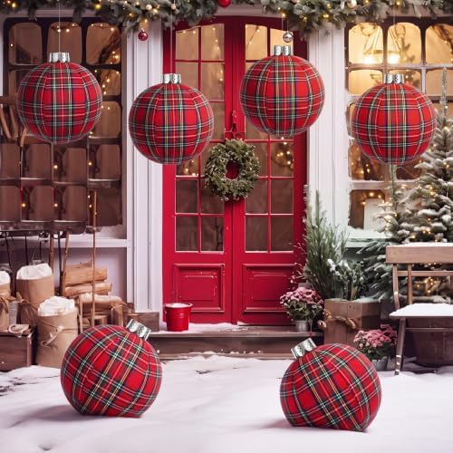 Jetec 6 Pcs 10 Inch Christmas Ball Ornaments Silver Cap, Red Tartan Plaid