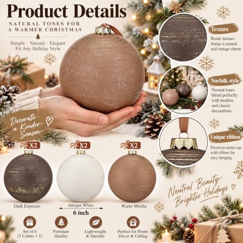 6 Pcs 6 Inch Large Christmas Balls Ornaments Brown Tan Ivory
