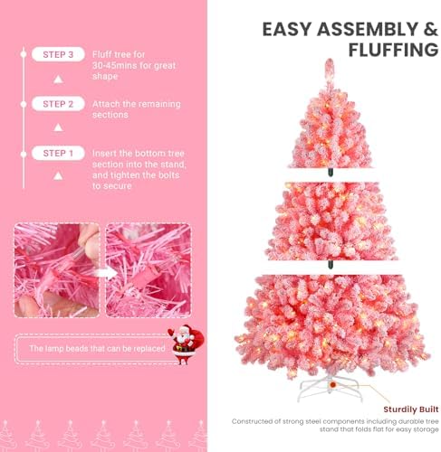 SHareconn 6ft Snow Flocked Spruce Pre-lit Artificial Christmas Tree, Pink