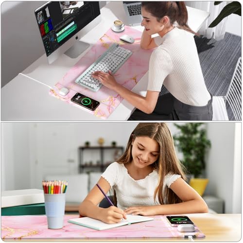 Pink Marble Mouse Pad with 15W Wireless Charging, 31.5"x15.8" in