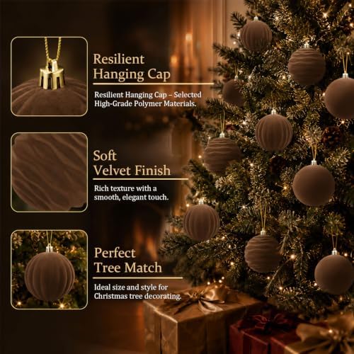 12Pcs Brown Velvet Christmas Ornaments 2.36In Balls for Christmas Tree Deco