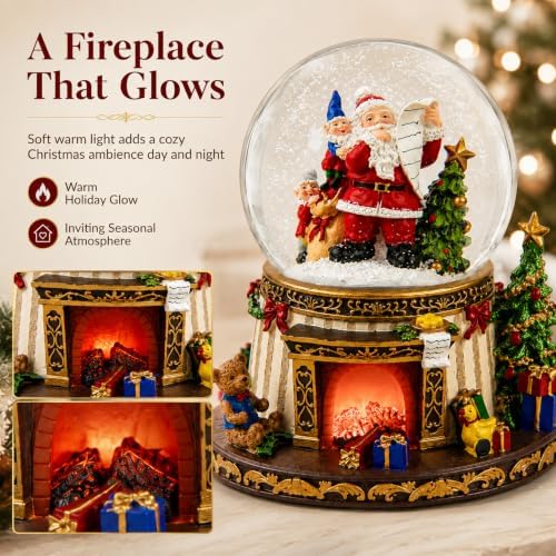 Christmas Snow Globe with Music, Santa Claus Musical Snow Globe with Automatic Snowfall, Lighted Fireplace & 8 Christmas Songs, Large Christmas Decorations Indoor for Mantel Tabletop Holiday Decor