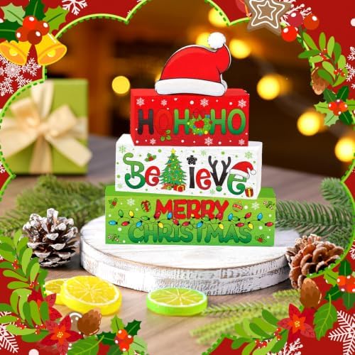 Moucuny 3 Pcs Christmas Wooden Stacking Blocks Farmhouse Table Decor