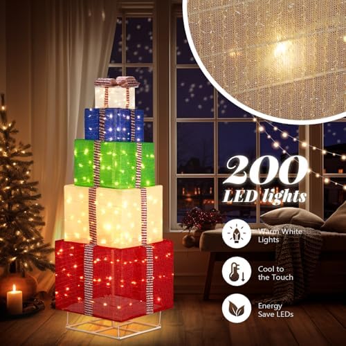 VINGLI 6FT Christmas Lighted Gift Boxes Decorations with Plug, Light up Present Boxes Ornament with Pre-lit LED Lights Pre-Secured Bowknot for Indoor or Outdoor Christmas Decorations, Colorful