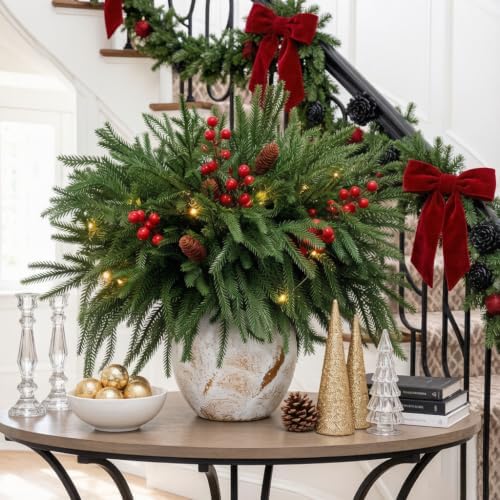 24 Piece Set: 12Pcs Norfolk Pine Branches with LED Lights, Red Berries