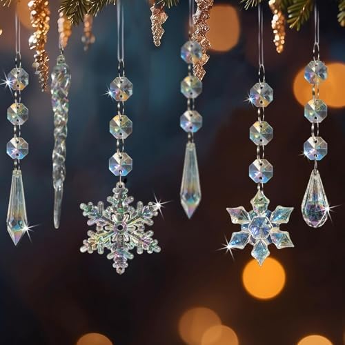 Crystal Christmas Tree Ornaments, 80pcs Iridescent Acrylic Snowflake Icicle