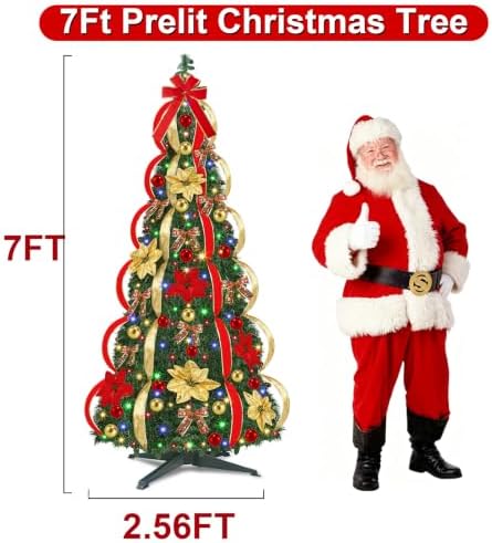 7 Ft Prelit Full Pop Up Christmas Tree, Pop Up Christmas Trees 250 Warm White LED Lights with Remote 8 Lighting Modes & Timer Plug in Collapsible Christmas Trees Outdoor Indoor Party Christmas Decor