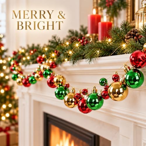 Whaline 2Pcs Christmas Ball Garland, Shatterproof, Red Green Gold, 6 Ft