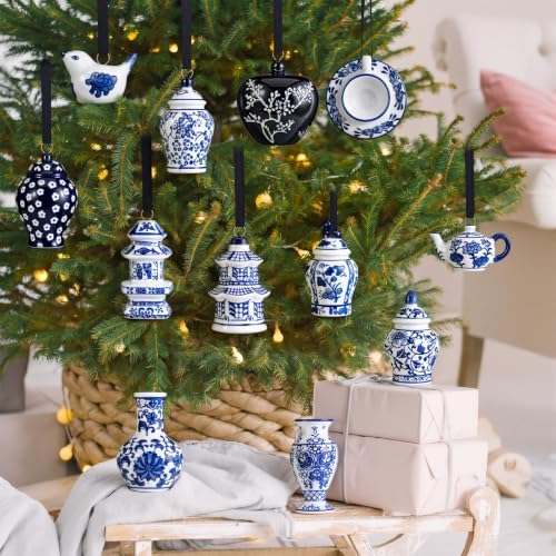Peryiter 12 Pieces White Blue Christmas Ornaments Chinoiserie Porcelain Christmas Ornaments Mini Ginger Jar for Xmas Tree Decoration(Stylish)