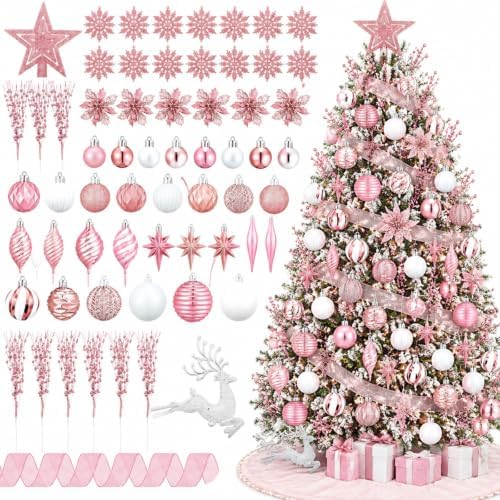 CroBlissful 118 Pcs Christmas Tree Ornaments Set Including Ornaments Balls, Mesh Ribbon,Hanging Snowflakes Icicle, Tree Top Star, Flower, Berries Stems for Xmas Trees Holiday Decor(Pink)