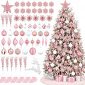 CroBlissful 118 Pcs Christmas Tree Ornaments Set Including Ornaments Balls, Mesh Ribbon,Hanging Snowflakes Icicle, Tree Top Star, Flower, Berries Stems for Xmas Trees Holiday Decor(Pink)