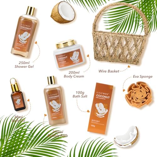 Coconut Spa Gifts Set - 7Pcs Moisturizing Spa Gift Basket for Women & Men