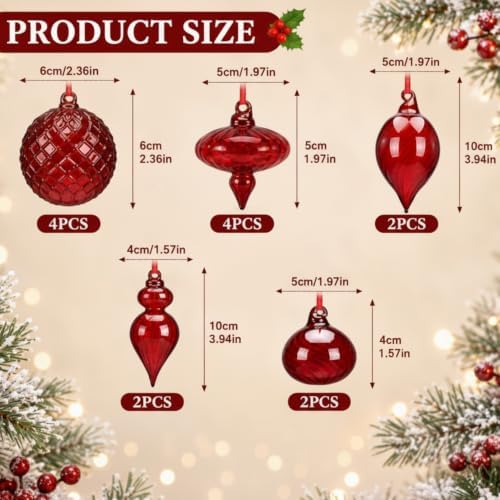 Hungdao 14pcs Vintage Christmas Ornaments Retro Glass Balls, Red