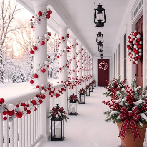 2 Pcs 15 ft Christmas Ball Ornament Garland, Red, White, Silver