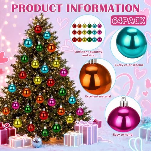 Lunmon 64 Pcs Multicolor Christmas Ornament Bright Color Xmas Baubles