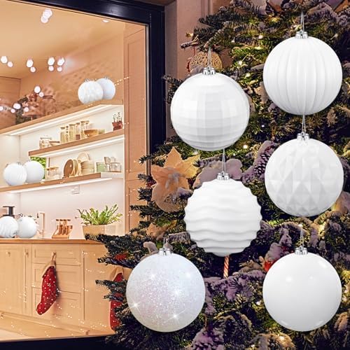 Poen 12 Pcs 6 Inch Extra Large Christmas Ball Ornaments Outdoor Christmas Tree Decoration Hanging Plastic Balls Oversized Glitter Xmas Balls for Outside Lawn Yard Tree Decoration(White)