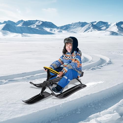 Ski Sled Slider Board, Twin Brakes Sled Snow Scooter with Flexible Steering Wheel, Heavy-Duty Snow Bike for Kids Age 3-15, Load-Bearing Capacity 220.5lbs