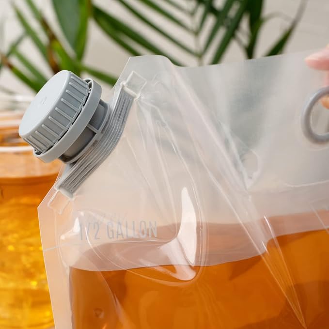 Restaurantware Cater Tek 1/2 Gallon Water Containers 10 Drink Bags - Collapsible Includes Tamper-Evident Caps Clear Plastic Beverage Bags For Catered Events Camping or Hiking Durable Handle