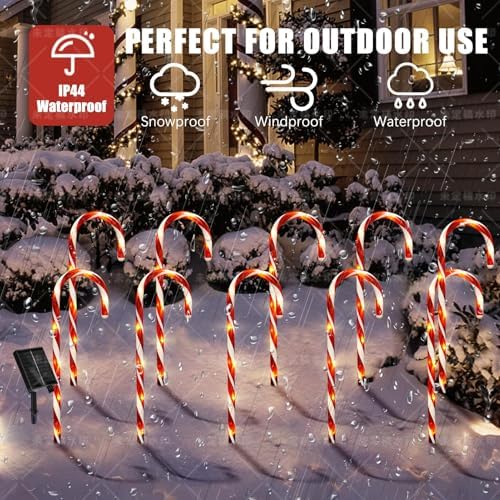 10 Pack Solar Candy Cane Lights, 21 Inch Red Christmas Yard Decorations