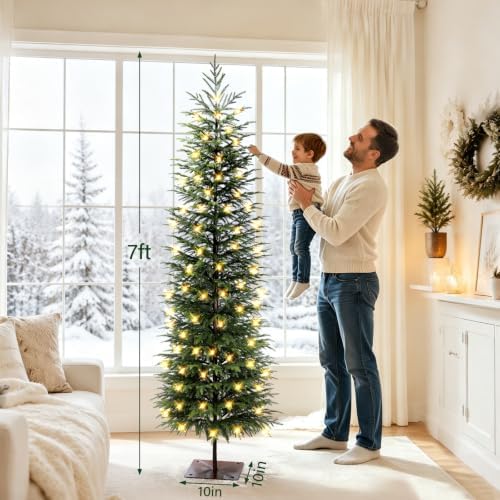 7FT Norfolk Pine Christmas Tree, Pre-Lit 240 LED Lights with 8 Modes, Real-Touch PE Material, Family & Pet Friendly, Heavy-Duty Weighted Base for Home Office Patio Christmas Decor