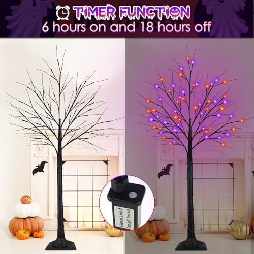 2 Pack 6FT Lighted Black Halloween Tree with 288 LED Orange & Purple Lights