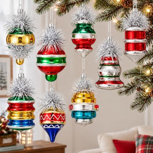 Soulchen 8pcs Retro Glass Christmas Finial Ornament with Reflector for Tree