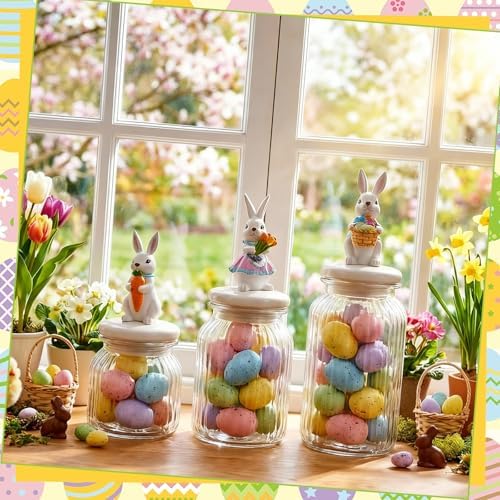 Mimorou 3 Set Easter Cookie Jar with Ceramic Bunny Lid 44oz 33oz 22oz Glass Candy Jar Food Storage Canister with Airtight Lid for Easter Party Spring Tea Table Decoration