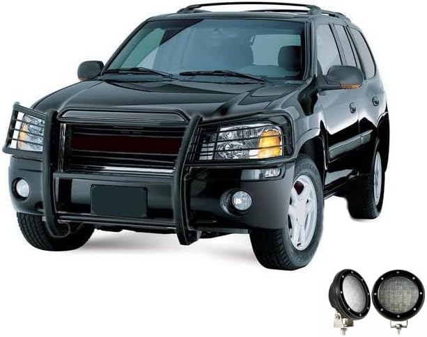 Black Horse Grille Brush Bumper Guard Modular Come with Pair of 5.3" Dia.LED Lights with Black Trim Rings Compatible with 2002-2006 GMC Envoy|2002-2006 GMC Envoy XL-17GD26MA-PLFB