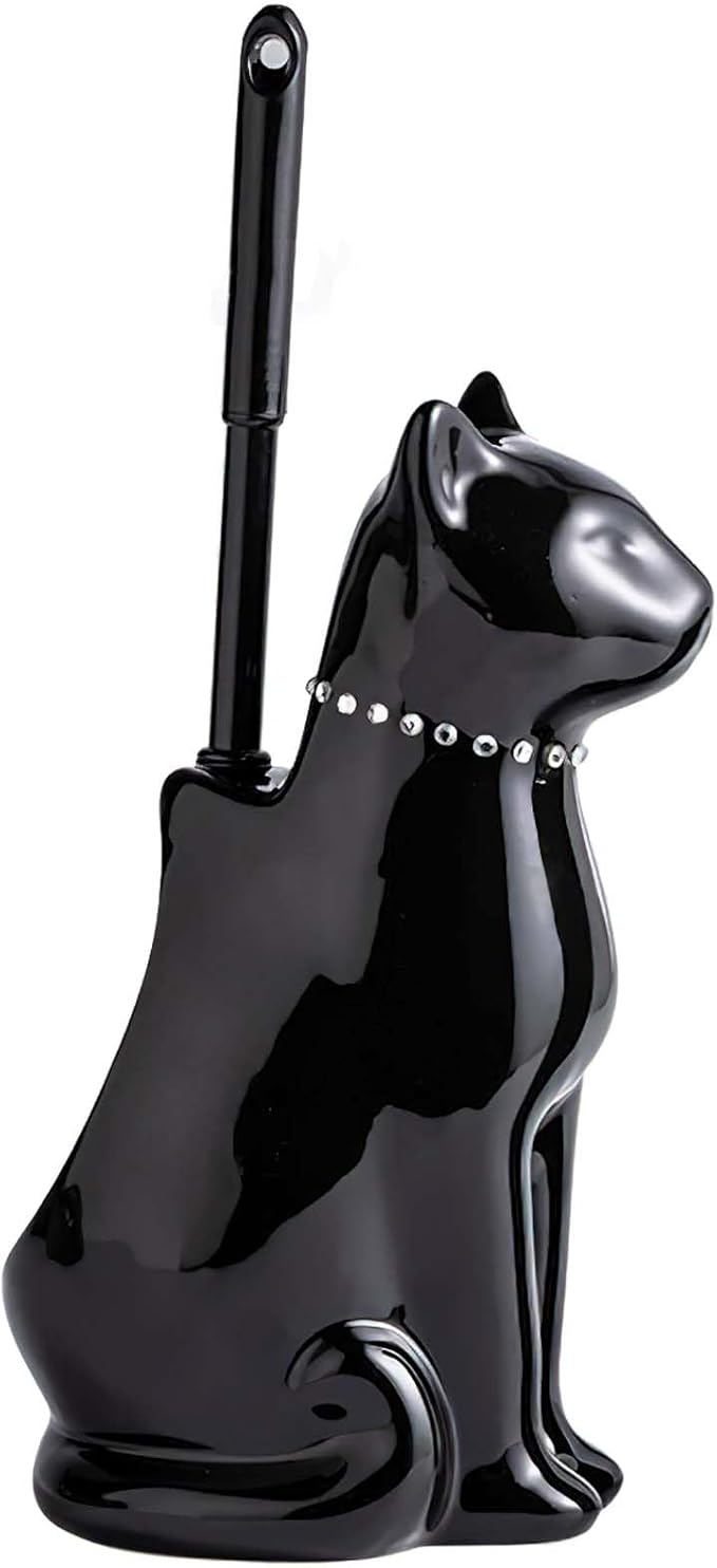 Cat Toilet Brush Holder - Ceramic Whimsical Feline Design with Wide-Mouth Storage, Black Toilet Bowl Brush and Holder Set Cute for Bathroom Ground, Easy-Clean Cat Lover Gift (Black)