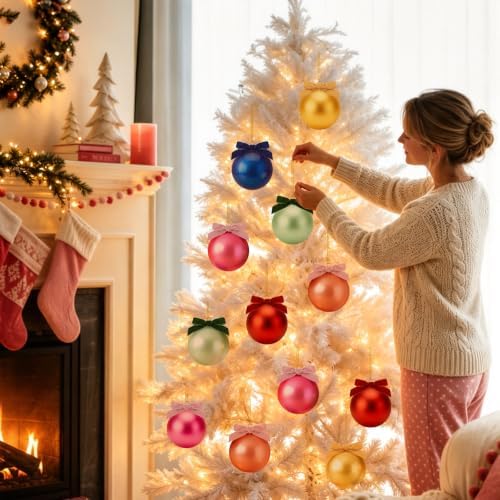 Hollowfly 9 Pcs 4 Inch Colorful Glass Christmas Ornaments with Velvet Bow