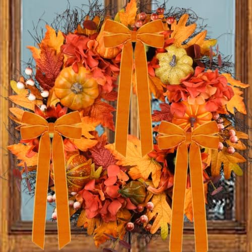Hongsome 12Pcs Fall Velvet Ribbon Bows Tree Decorations 5in x 10in Orange