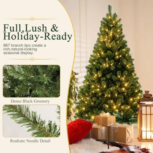 6FT Pre-Lit Green Artificial Christmas Tree with 300 Dual-Color LEDs, 9 Lighting Modes, 667 Branch Tips, Hinged Semi-Automatic Setup for Home, Office and Indoor Holiday Party Decor