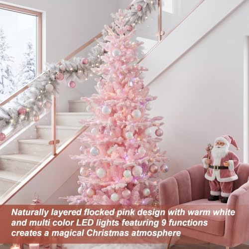 Glitzhome 6ft Prelit Artificial Christmas Tree, Slim Pink Frostfall Fir Xmas Tree with 260 Warm White & Multi-Color Lights, 1,056 PE&PVC Tips, Flocked Christmas Tree for Indoor Holiday Spaces
