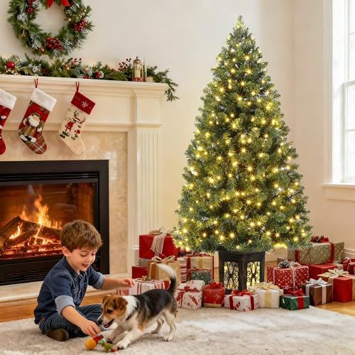 Garvee Pre-lit Artificial Christmas Tree with Warm White Lights, Green Full Christmas Tree 4.5 ft with 8 Light-Modes, Pre Lighted Xmas Tree W/460 Branch Tips, 300 Light & Antique Urn Base,2 PCS