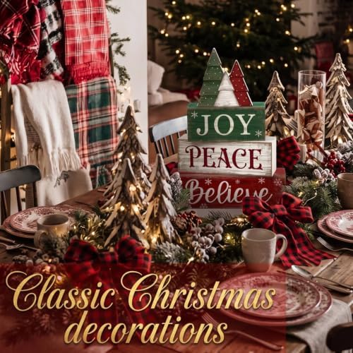 Lineshading 4 Pcs Christmas Table Decor, Wooden Tree Block Sign Home Tray